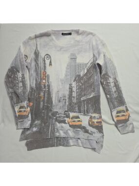 Moffi New York City Graphic Knit Sweater Taxi Print Women's Size S/P Small